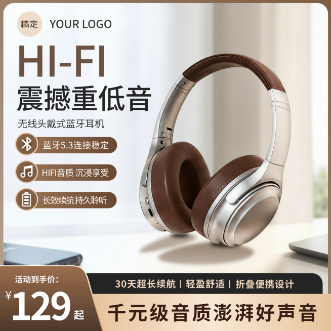 百元HIFI头戴耳机活动促销宣传电商主图预览效果