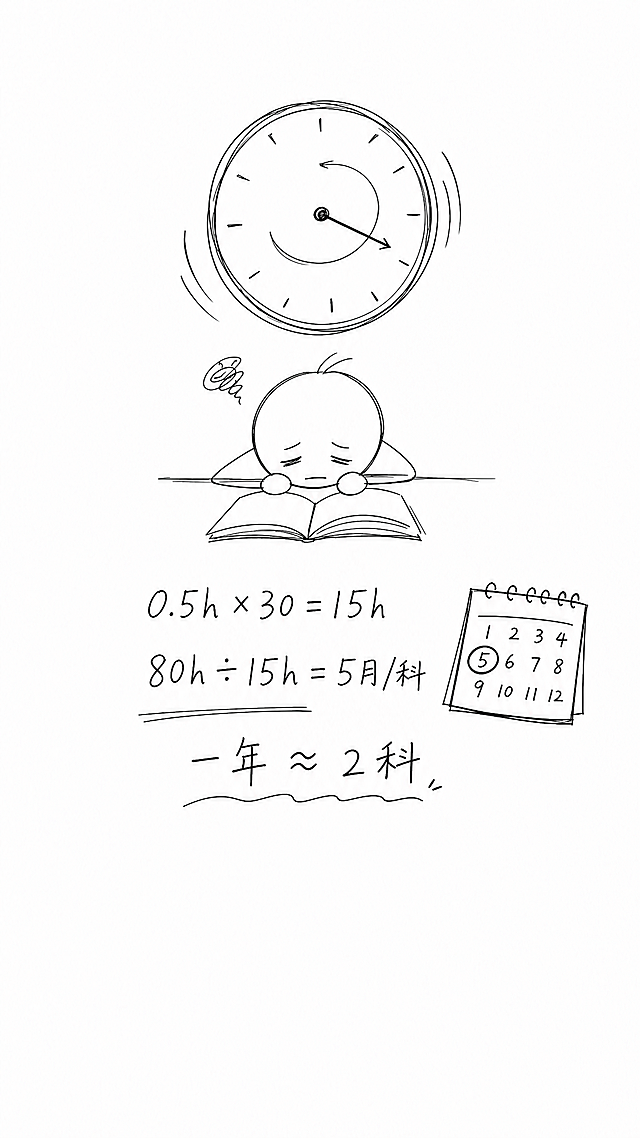 手绘涂鸦风格，极简简笔画，黑白线稿，随意铅笔线条，温馨日记漫画风格，干净白色背景，大量留白，纯线条艺术，9:16竖屏，画面中央用潦草铅笔字体手写算式：第一行"0.5h×30=15h"，第二行"80h÷15h=5月/科"，算式旁边画一个简单小日历，圈出5个月位置，下方手写结论"一年≈2科"，下方大面积留白预留字幕位置