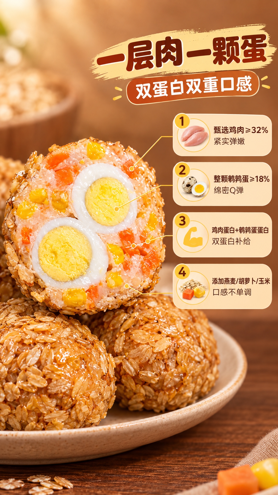 [商品] 使用【图4】切面特写小肉蛋图；保留外层燕麦颗粒、鸡肉… - 图片创意预览