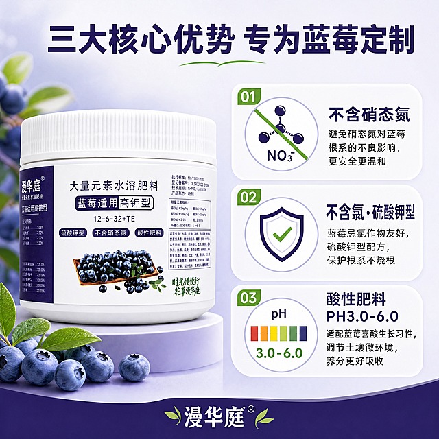 [商品] 使用【图1】漫华庭蓝莓高钾型水溶肥；保留白色瓶身、深紫蓝标签、品牌Logo、瓶身文字和产品外观，产品置于画面左侧，占画面约35%。
[画面] 第4张·核心卖点深度页，目标是详细解释三大核心优势为什么对蓝莓重要。左图右文布局，左侧产品瓶身+蓝莓果实点缀，右侧三大卖点纵向排列，每个卖点配图标和简短说明；阅读动线从左到右、从上到下。卖点1：不含硝态氮（配分子结构图标）；卖点2：不含氯·硫酸钾型（配盾牌安全图标）；卖点3：酸性肥料（配PH试纸酸性图标）。
[视觉] 套系策略：风格=清新自然农业商业摄影风；标题字=粗黑体醒目有力；正文字=简洁无衬线黑体；主色=深紫蓝；背景延展=浅紫蓝渐变底色，右侧白色圆角信息卡叠放，同色系层次；强调色=嫩叶绿，用于图标和序号；标题色=深紫蓝；正文色=深灰；组件=圆角白色信息卡、圆形图标、数字序号标签；光影=左前侧柔光，产品清晰。
[文字] 顶部主标题"三大核心优势 专为蓝莓定制"；卖点1标题"不含硝态氮"，说明"避免硝态氮对蓝莓根系的不良影响，更安全更温和"；卖点2标题"不含氯·硫酸钾型"，说明"蓝莓忌氯作物友好，硫酸钾型配方，保护根系不烧根"；卖点3标题"酸性肥料 PH3.0-6.0"，说明"适配蓝莓喜酸生长习性，调节土壤微环境，养分更好吸收"；底部品牌"漫华庭"。
[规格] 图片比例1:1正方形，4K，负向提示：避免变形、错字、文字过小、产品失真、医疗化承诺、极限词。