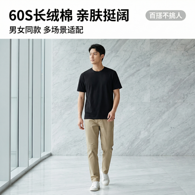 60S长绒棉亲肤挺阔黑色圆领T恤通勤款首图，简约时尚风，柔和自然光，都市通勤质感。黑色圆领T恤居中展示，一位亚洲男性模特身着卡其色休闲西裤、脚穿白色板鞋自然行走在极简写字楼大堂，背景为浅灰色大理石墙面预览效果
