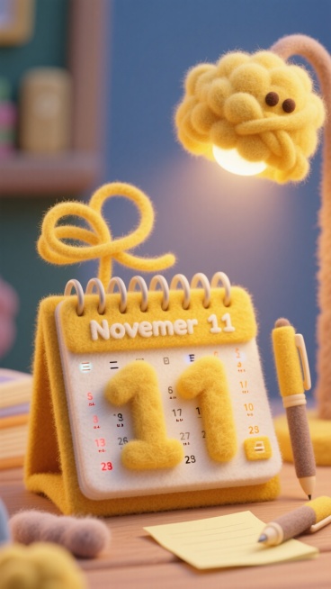 黄色毛毡日历，翻到 11 月 11 日，日期数字用立体毛毡制作，旁边有毛毡笔和便签纸。预览效果