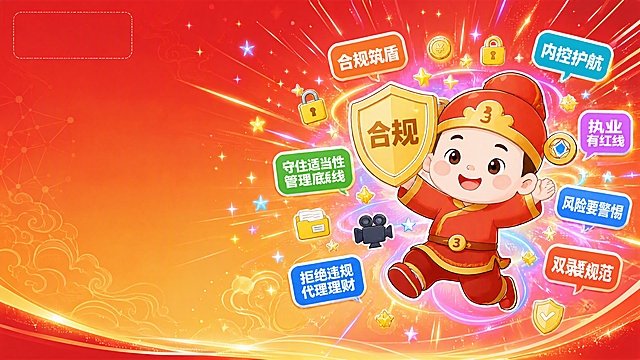 将背景改为红金渐变背景（从深红到金色的喜庆渐变，带有细腻的金融网格暗纹和祥云暗纹），保留原图所有元素：财富小宝形象、金色合规盾牌、所有彩色贴纸式合规标语（合规筑盾、内控护航、执业有红线、风险要警惕、双录要规范、拒绝违规代理理财、守住适当性管理底线）、金币/锁头/摄像机/档案/盾牌图标。为财富小宝周围添加彩色小光圈（粉、黄、蓝、紫马卡龙色半透明光环）、可爱的漫画速度线（白色和金色放射状细线从角色身后发散）、大量闪光粒子和星星光点（金色、白色、彩虹色闪烁效果），增强轻快弹跳的动感和活力感。保留左侧大面积留白和左上角LOGO位置。整体更像活泼喜庆的办公表情包壁纸，充满元气和节日感，红金配色喜庆大气。