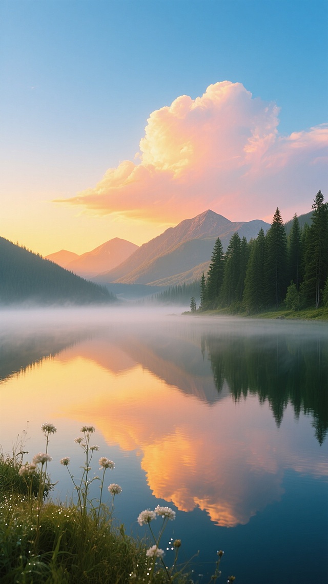 超写实风景摄影，晨曦中的山间湖泊，湖面薄雾缭绕泛着金色光晕，远处层叠山峦在朝阳下呈暖橙色渐变，近处墨绿色松树林立岸边，天空湛蓝渐变至地平线的暖黄，大朵积云边缘被阳光染成亮金与粉橙，湖面倒映着天空与山影，岸边点缀几株带露珠的浅色野花，整体光影柔和梦幻，色调以青绿、蔚蓝与暖橙为主，营造宁静悠远、清新治愈的氛围，高清晰度，细节丰富，景深控制自然，符合户外自然风景的视觉美感。