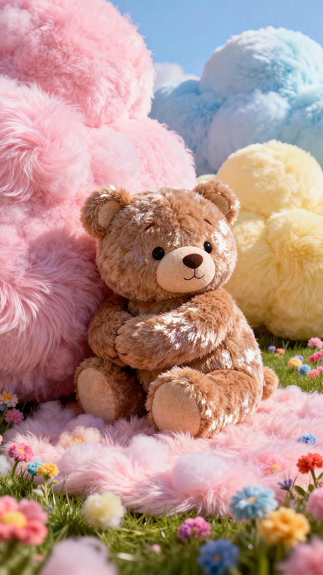 柔软毛绒泰迪熊坐于梦幻云朵花丛间，3D渲染呈现温暖治愈的虚拟自然场景，融合毛发生长与面料质感，营造甜蜜可爱、柔和舒适的童话氛围。