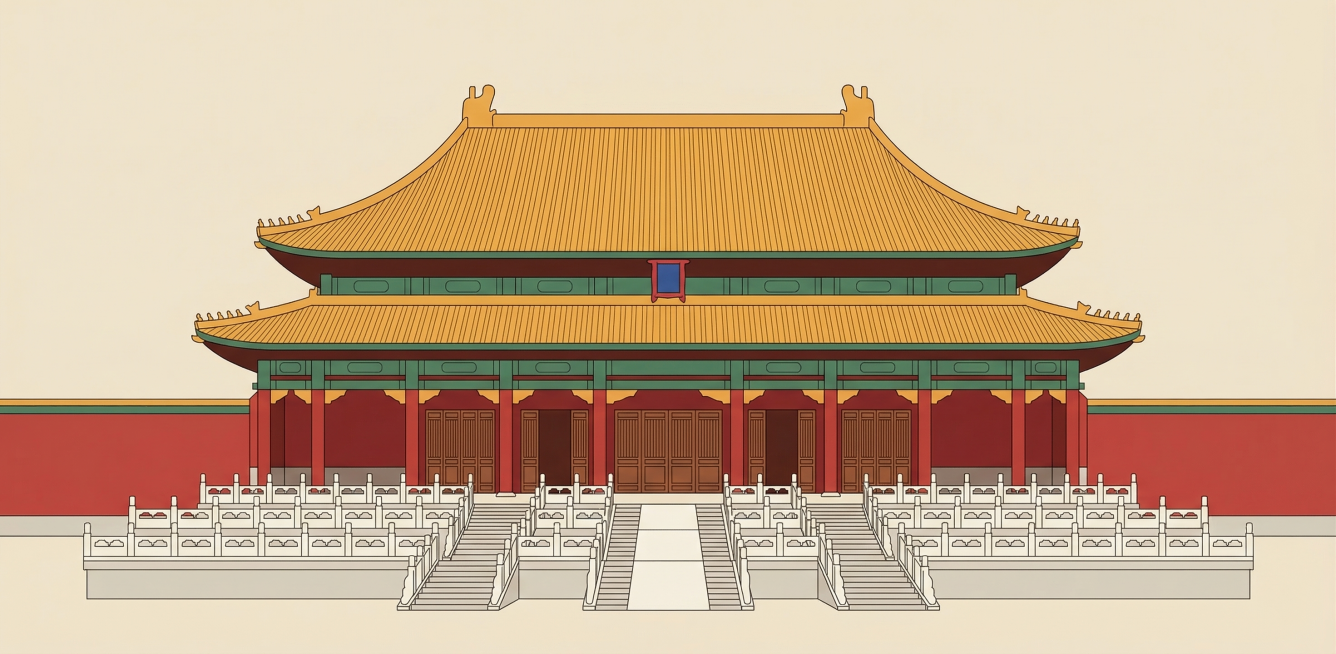 故宫太和殿，严格保持太和殿真实建筑形态，参考图提供的国潮扁平插画风格，浅米黄底色，红墙黄瓦，干净简约单建筑居中构图预览效果
