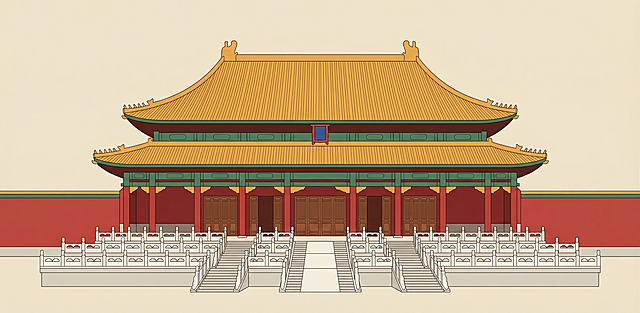 故宫太和殿，严格保持太和殿真实建筑形态，参考图提供的国潮扁平插画风格，浅米黄底色，红墙黄瓦，干净简约单建筑居中构图