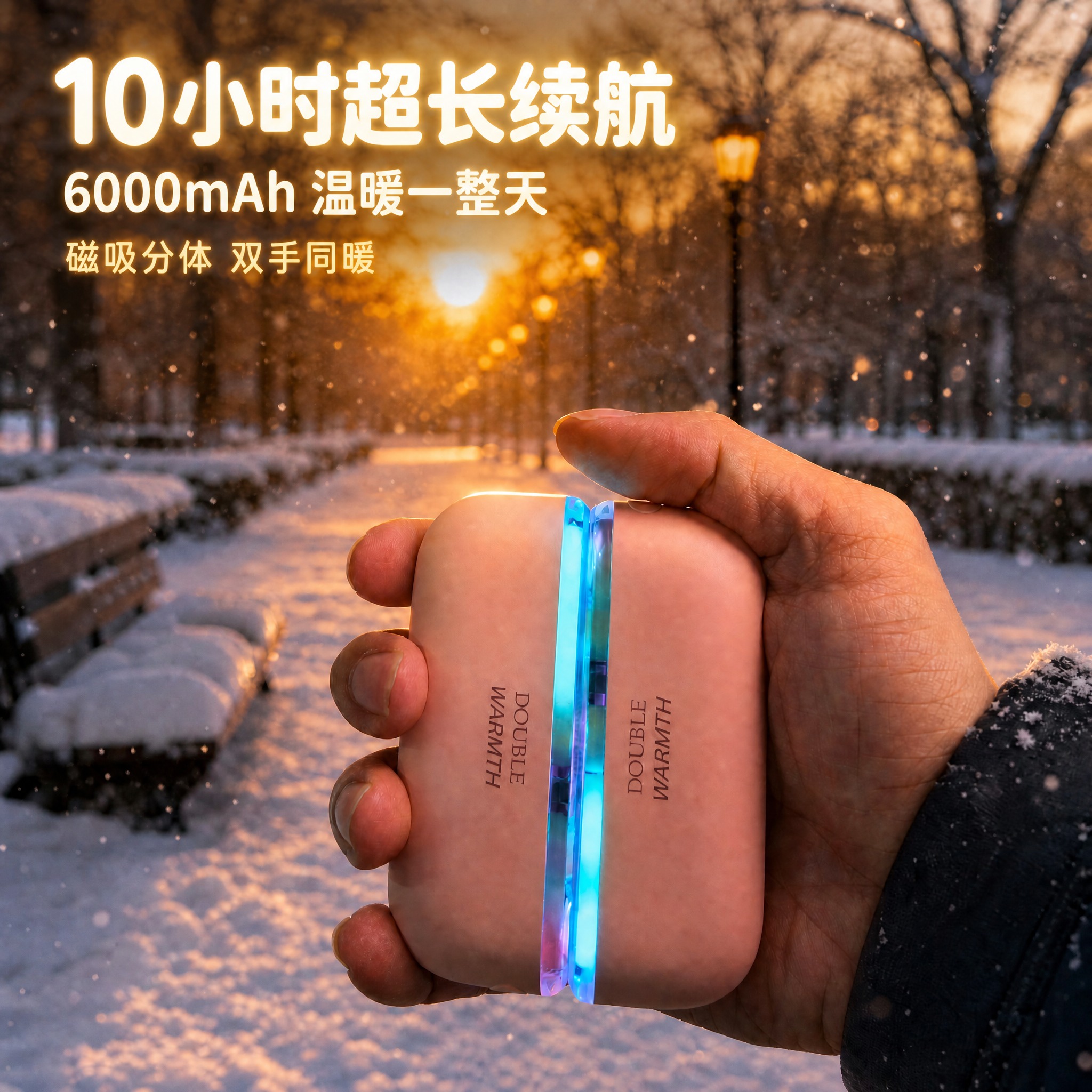 在这张冬日雪景暖手宝场景图的左上角添加电商主图文案。文案内容：… - 图片创意预览