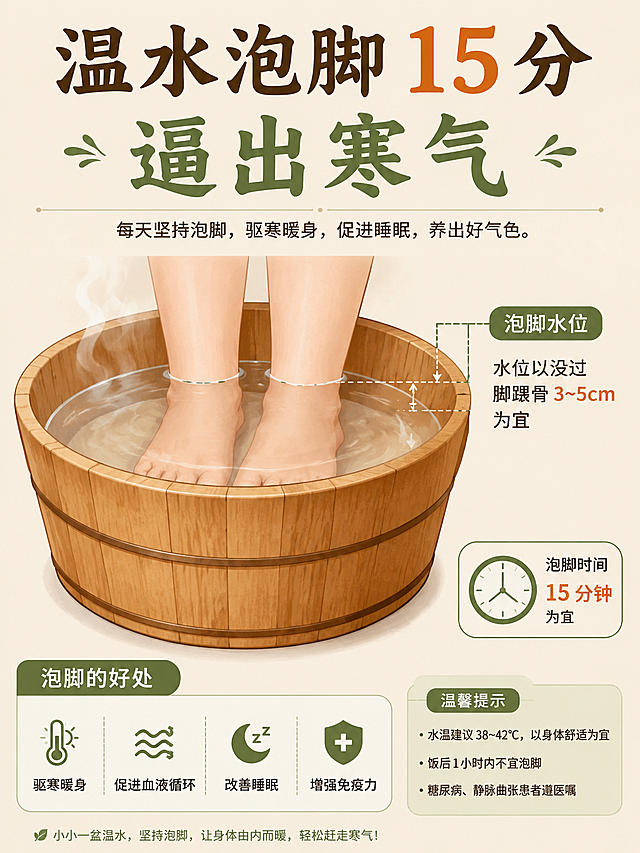 泡脚水位动作示意图，标注泡脚水位，配文案"温水泡脚 15 分，逼出寒气"，养生科普风格，清晰简洁