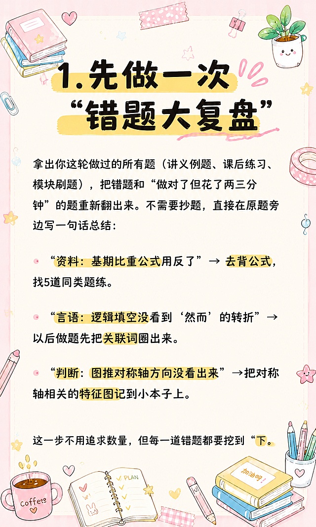 小红书笔记大字封面，插图大字，马卡龙手账涂鸦风格，版式精美，小红书笔记封面质感，适合信息流点击。版式骨架、分区比例、色调体系与参考图保持一致（相似度约70%），文案与装饰换为用户本次内容。保留所有文字内容，逐字锁定：「1. 先做一次“错题大复盘” 拿出你这轮做过的所有题（讲义例题、课后练习、模块刷题），把错题和“做对了但花了两三分钟”的题重新翻出来。不需要抄题，直接在原题旁边写一句话总结： · “资料：基期比重公式用反了” → 去背公式，找5道同类题练。 · “言语：逻辑填空没看到‘然而’的转折” → 以后做题先把关联词圈出来。 · “判断：图推对称轴方向没看出来” → 把对称轴相关的特征图记到小本子上。 这一步不用追求数量，但每一道错题都要挖到“下」。重点关键词保留高亮黄色底纹。背景：浅粉色马卡龙格纹边框，内页米白色笔记纸质感，浅背景边框和角落装饰。文字排版：扁平粗黑体马克笔手写感，小标题加黄色色块底框突出。装饰：四周和空白处添加密集但不杂乱的文具、咖啡杯、星星、书本、胶带、回形针、便签、小植物等手账涂鸦小元素，分布在边框和角落，不遮挡原文文字内容。整体氛围：马卡龙手账涂鸦风，温馨可爱，学习备考感。画质：高清细腻，信息层级清晰，文字与背景强对比，文字完整处于安全区内不可裁切，四周留安全边距。图生图：严格使用用户上传图片，【图4】= 内容底图保留全部文字，【图6】= 风格参考图（马卡龙手账涂鸦风格参考），顺序与上传一致。