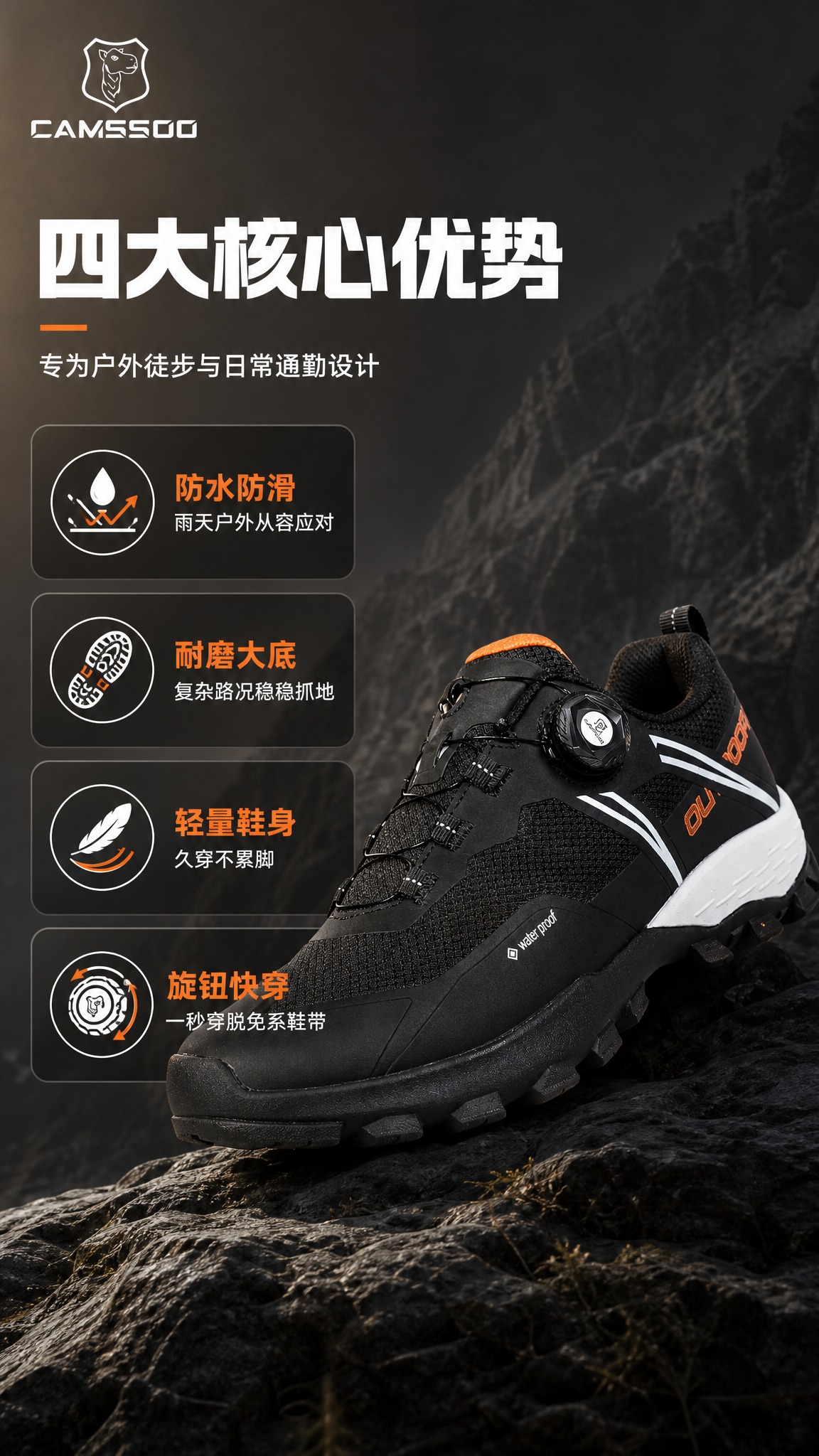 [商品] 使用【图1】黑橙款户外徒步鞋；保留鞋的结构比例、网布… - 图片创意预览