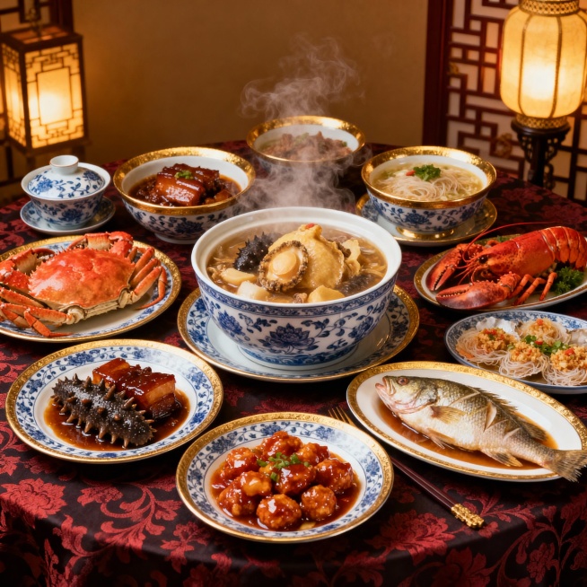 一张高级美味的年夜饭餐桌全景，中央摆放着热气腾腾的佛跳墙，周围环绕着清蒸帝王蟹、红烧海参、蒜蓉粉丝蒸龙虾、松鼠鳜鱼、清蒸石斑鱼等经典菜肴，每道菜色泽鲜亮，细节丰富，餐具选用精致的青花瓷和金边碗碟，桌布预览效果