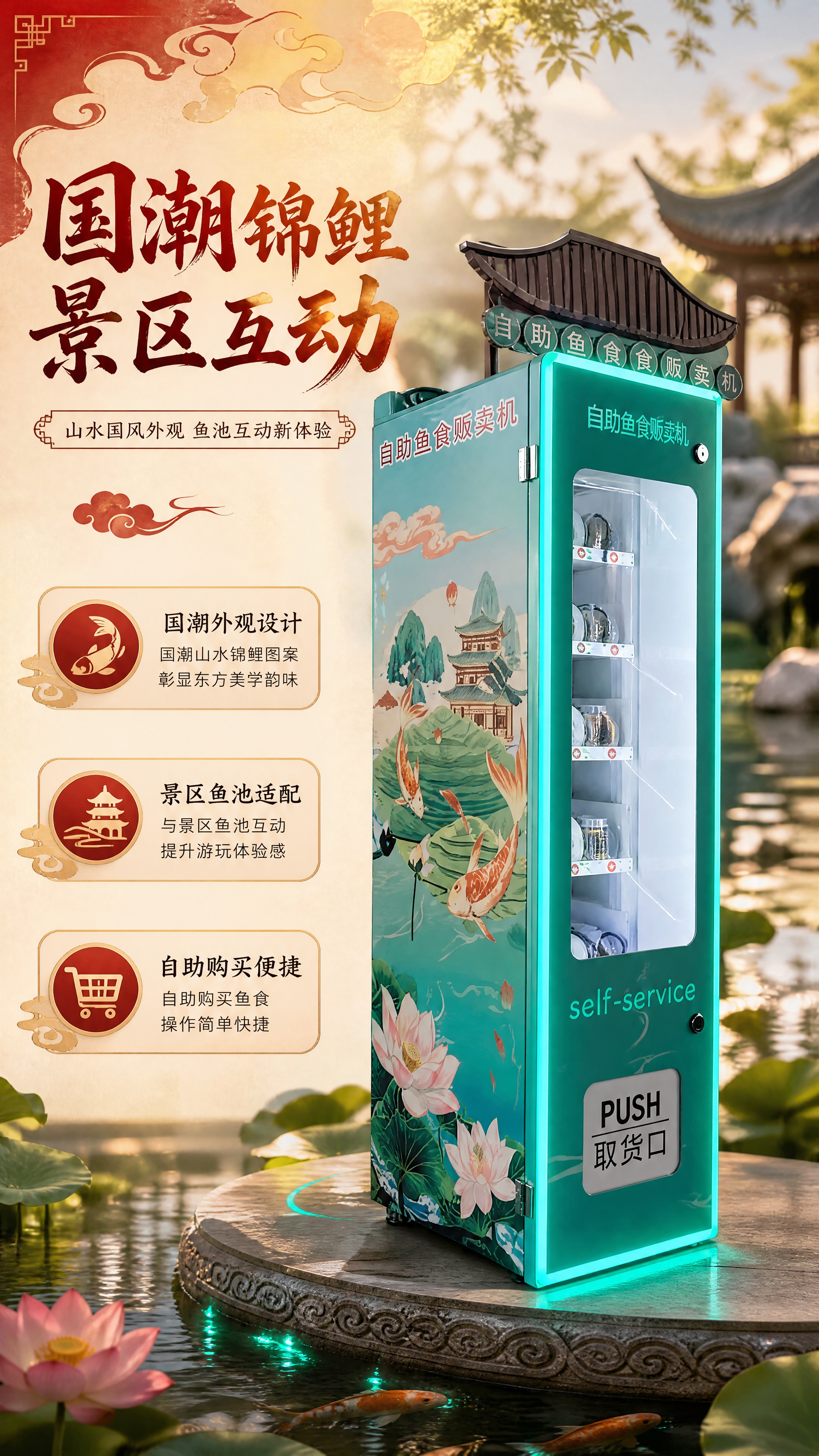 [商品] 使用【图3】国潮鱼食款自助售货机；保留青绿色机身、锦… - 图片创意预览
