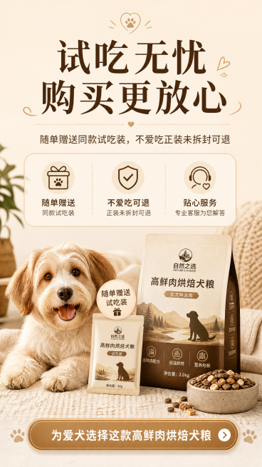 [第12屏] 试吃保障售后收尾页。顶部标题"试吃无忧 购买更放心"，说明随单赠送同款试吃装，不爱吃正装未拆封可退，底部呼吁为爱犬选择这款高鲜肉烘焙犬粮。暖米底色，温馨风格呼应养狗家长，保持统一字体配色预览效果