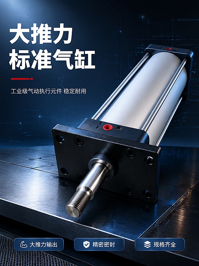 [第1屏] 详情页头图-SC系列大缸径标准气缸工业主视觉海报。本屏使用【图1】作为商品主体，保留气缸的银色铝合金缸体、深蓝色端盖、法兰安装板、金属活塞杆与螺纹结构，产品物理结构比例与原图完全一致。
[氛围/风格] 工业科技风，深蓝黑渐变背景，金属质感强烈，专业严谨，商业摄影级画质。
[元素布局] 气缸斜45度角放置在画面中右侧，占比约60%-65%，从左下延伸至右上；左侧留标题区；背景为深蓝色工业风渐变，点缀微弱的机械线条网格和光点；底部有金属质感台面承托产品；气缸缸体金属高光、端盖磨砂质感、活塞杆镜面反光均清晰呈现。
[光影质感] 左上方主光源打出金属高光，右侧辅光勾勒轮廓，底部有柔和投影，明暗层次分明，突出工业金属质感。
[配色色系] 全局底色 #0F1E3D（深蓝黑渐变）；主色银灰金属色；辅助色深蓝 #1E3A5F、红色点缀（气口红色）、白色文字。
[视角构图] 45度斜侧视角，微仰视，产品为视觉中心，阅读动线左上标题 → 中部产品 → 底部信息条。
[文字版式] 版式为左侧标题 + 右侧产品 + 底部信息条。主标题「大推力标准气缸」，白色粗黑体大字；副标题「工业级气动执行元件 稳定耐用」，浅灰色小字在主标题下方；主标题下方有一条红色装饰线；底部横排3个卖点标签：「大推力输出」「精密密封」「规格齐全」，每个标签为深蓝底白字圆角矩形。文字不遮挡气缸主体。
[比例分辨率] 3:4竖版比例，宽度1200，高度1600，4K分辨率，文字清晰可辨，高清画质。
[负向提示词] 气缸变形，缺件错件，结构错误，颜色偏差，水印，文字错乱，文字过小，产品图模糊，背景杂乱，人物出现。