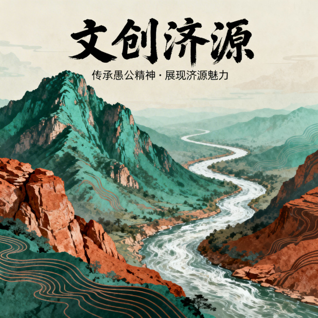 文创济源宣传海报，巍峨高山坐落，蜿蜒河流流淌，融入象征愚公移山精神的坚毅设计元素，大气国风，富有文化韵味，顶部配大字宣传文案"文创济源"预览效果