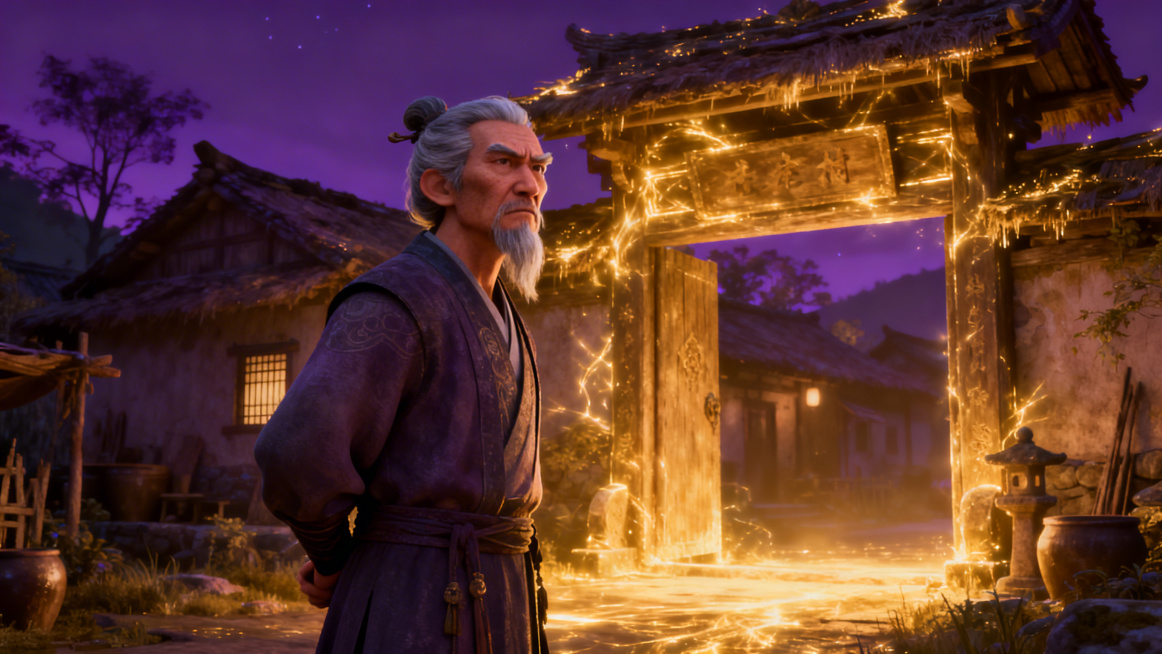 玄幻3D风格，近景：村长在村口背手巡视，表情严肃预览效果