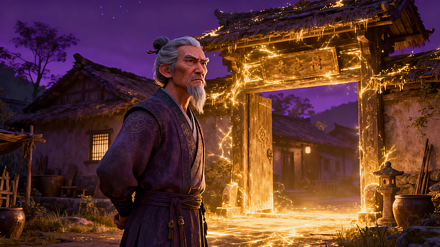 玄幻3D风格，近景：村长在村口背手巡视，表情严肃