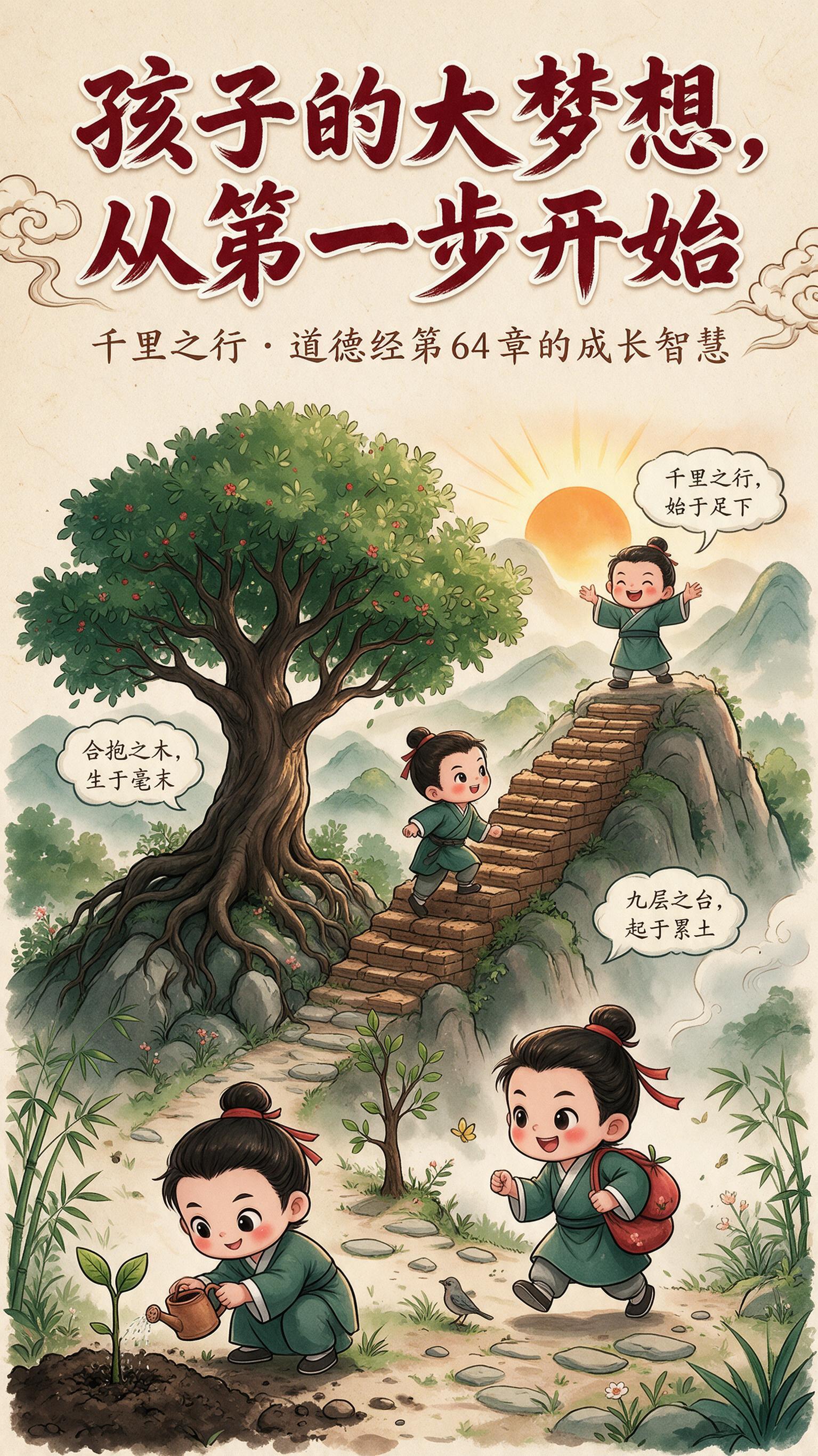 竖版9:16少儿国学课程海报，国风Q版绘本风格，暖色调米黄宣纸… - 图片创意预览