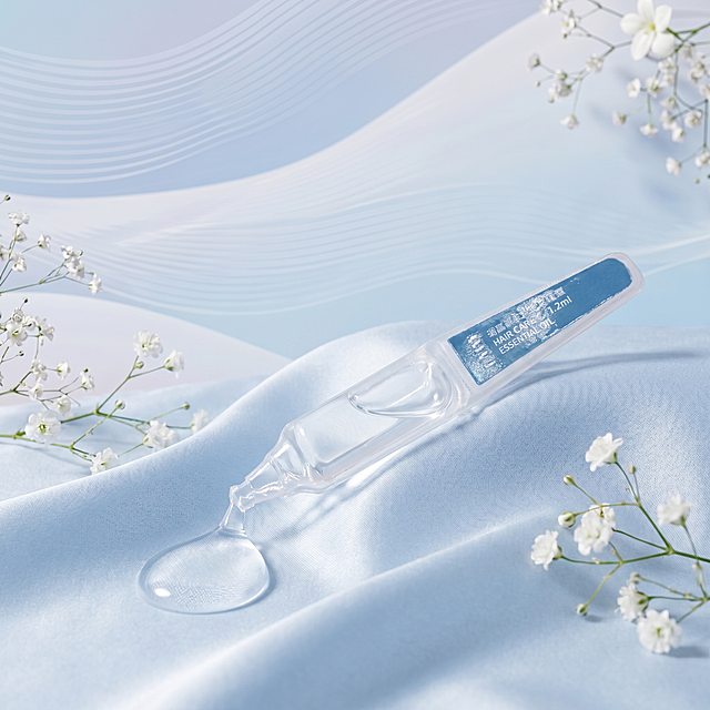 参考第一张图的高级清新简约电商风格，为这张挤出精油的产品图更换背景，保留产品原有造型、比例、所有文字和包装细节，产品不变形，不篡改logo和文字。打造有层次感的轻奢简约背景，光影柔和干净，提亮产品和精油质感，修除瑕疵，高清锐化让产品更细腻通透，突出精油的通透质地，整体保持清新唯美高级感，色调和参考图保持统一协调，构图和背景细节差异化设计。