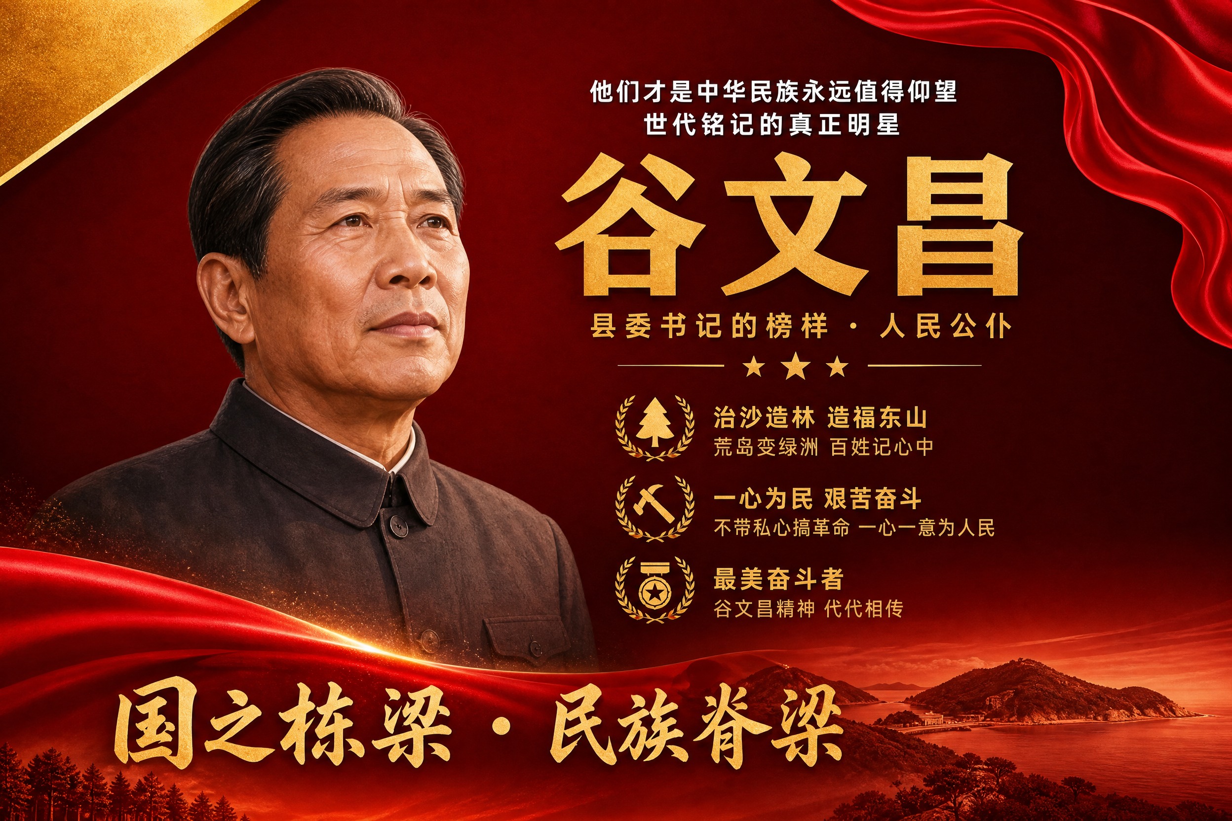 横版国之栋梁人物挂画海报，谷文昌主题，参考图风格复刻，红金配色… - 图片创意预览