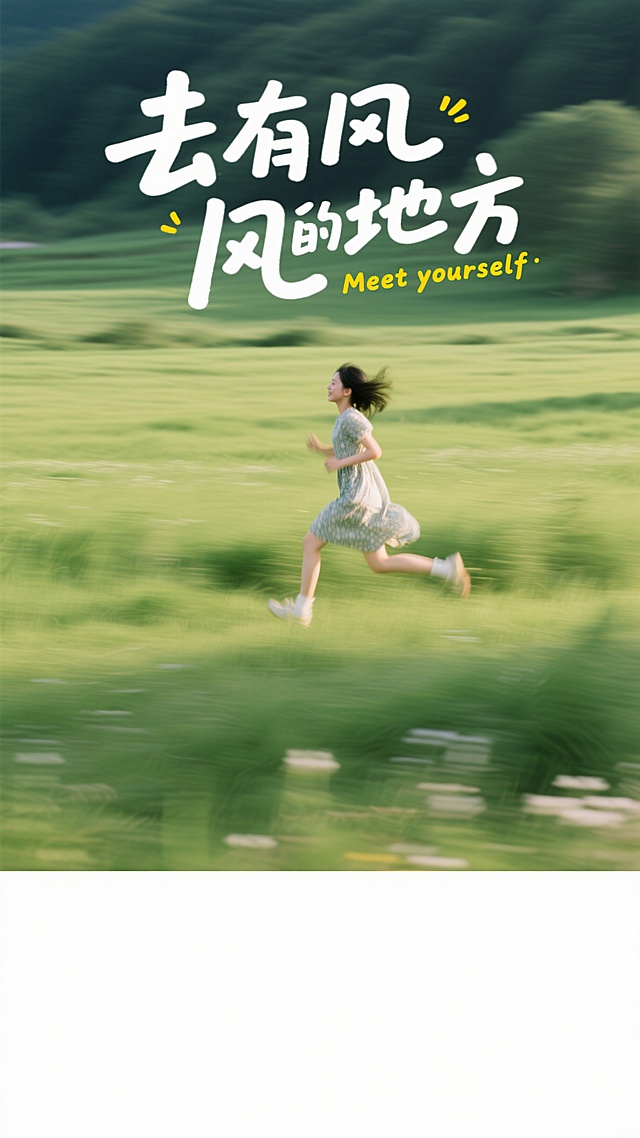 清新水彩风，大字文艺设计，柔和色调中奔跑的女孩，尽显自然与自由。