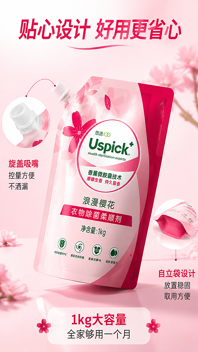 [第7张] 详情页产品细节-自立吸嘴袋设计与大容量展示。本张使用【图1】作为产品主体，局部特写。
[氛围/风格] 产品细节特写，商业摄影质感，突出包装设计优势。
[元素布局] 产品45°斜侧角度置于画面中央，占比约55%；左侧放大吸嘴盖特写，展示旋盖设计和出料口；右侧放大自立底部设计，展示可直立放置；背景为浅粉色渐变台面，柔和光影；产品包装颜色、文字、图案与输入图一致。
[光影质感] 影棚级柔光，产品立体感强，塑料包装质感真实，高光自然。
[配色色系] 全局底色 #FFF0F5 浅粉渐变；主色玫红；辅助色绿色品牌色；点缀色白色高光。
[视角构图] 中心产品+左右细节放大图，引线标注，阅读动线从中心产品 → 两侧细节 → 底部文案。
[文字版式] 顶部主标题「贴心设计 好用更省心」；左侧引线标注「旋盖吸嘴 控量方便 不洒漏」；右侧引线标注「自立袋设计 放置稳固 取用方便」；底部标注「1kg大容量 全家够用一个月」；文字清晰，引线纤细。
[比例分辨率] 9:16 竖版比例，4K 分辨率，文字清晰可辨，高清画质。
[负向提示词] 产品变形，包装文字错乱，颜色偏差，水印，细节模糊，文字过小。