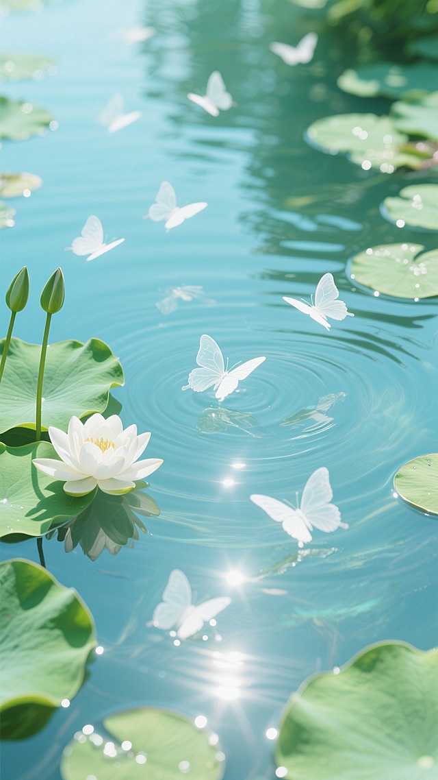 夏日氛围的水面背景，整体色调调整为清新明亮的蓝绿色系，水面上漂浮着翠绿的荷叶和白色的荷花花苞，水面纹理呈现出细腻的波纹和柔和的光斑效果，许多半透明的白色蝴蝶在水面上方轻盈飞舞，画面整体营造出轻盈、梦幻、通透的感觉，光线明亮柔和，带有自然的光晕效果，色彩和谐统一，充满夏日的生机与清凉感。