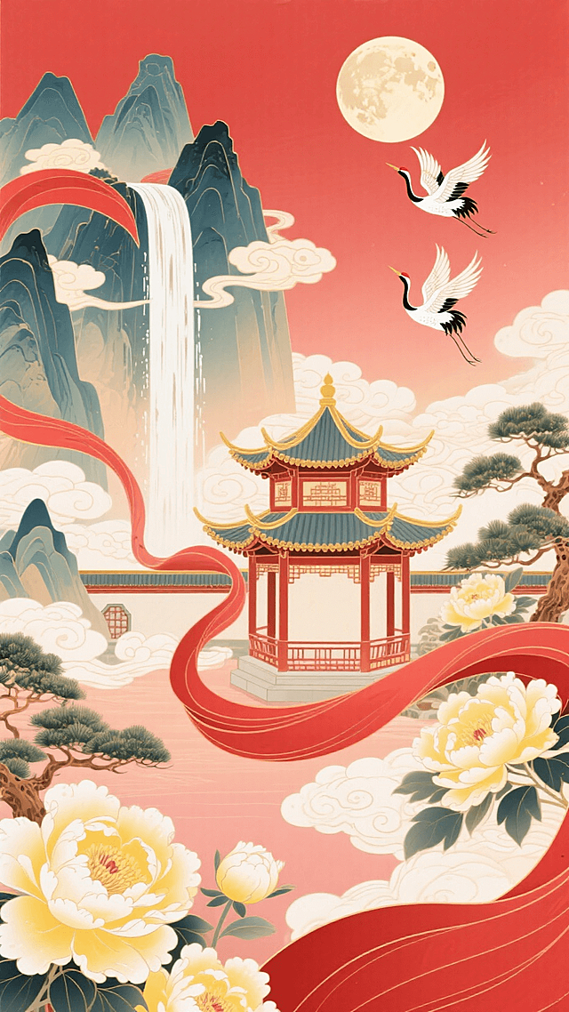 一座中式建筑在画面中心，松树，黄色或白色的牡丹穿插周围；红色绸缎环绕建筑，远处有黄山，明月，瀑布从祥云穿插处倾泄而下，云海，中式庭院穿插在云海中，亭子；两只仙鹤飞舞；整体红色调氛围，形成一幅壮丽的山水画