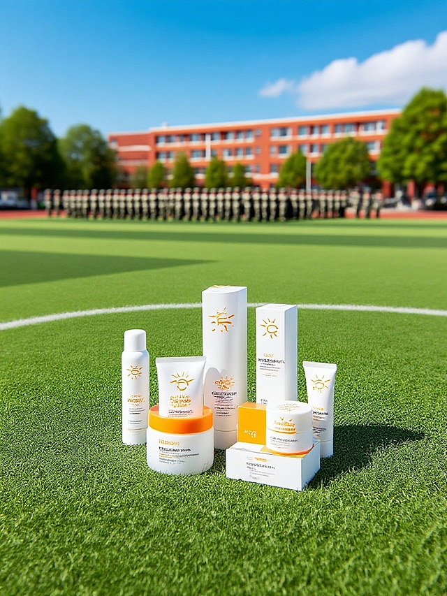 清新简约的防晒产品陈列于绿茵场上，背景实景感强，阳光明媚，尽显夏日活力。