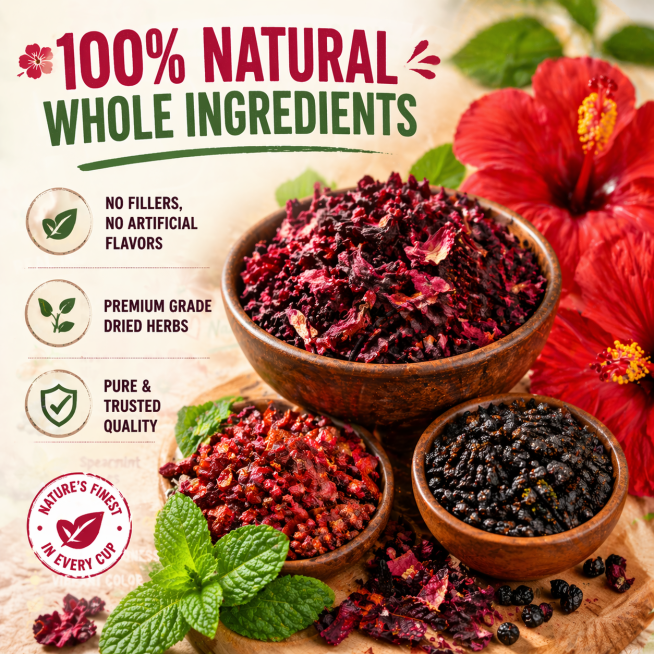 e-commerce detail graphic for hibiscus tea, focus on premium raw ingredients, close up shot of natur预览效果