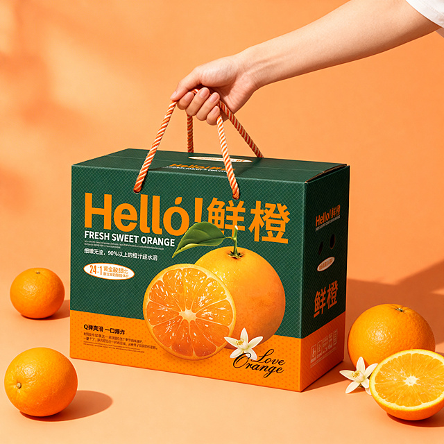 一只手提着瓦楞鲜橙礼箱，保持包装物理结构绝对不变，严禁扭曲变形或文字模糊。整体为橙色同色系场景，背景为柔和橙色哑光质感，拉开景深。周围点缀散落几个新鲜完整的橙子，增加自然氛围。商业真实摄影光影，暖调柔和自然光线，展现包装和手部的真实质感。居中构图，时尚简约风格，商业高端美食摄影，真实摄影质感，极具食欲。保持文字和包装Logo原样不变。