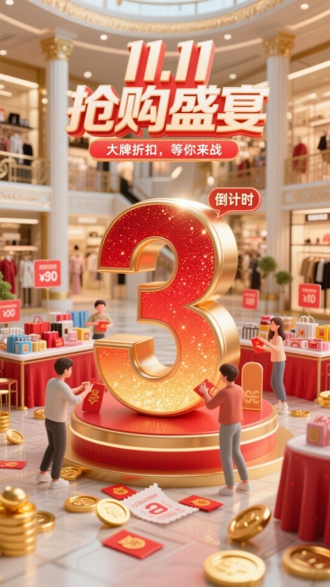 巨大的数字“3”在画面中间，红金渐变，带有闪亮效果。旁边是简单的“倒计时”。背景为豪华的购物厅，桌子上摆满了各种特卖商品和折扣标签。男生女生在前面抢购，旁边有金币、红包和优惠券。主标题"11.11抢购预览效果