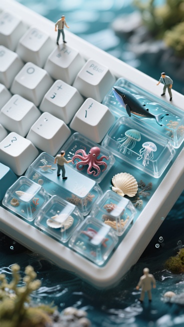 透明机械键盘键帽内嵌微缩海洋动物模型，章鱼/鲸鱼/水母/贝壳分层排列，玻璃质感键帽外壳展示动物细节，3D写实渲染，顶视角俯拍，冷色调海底摄影，景深控制，微距镜头，电商主图设计预览效果