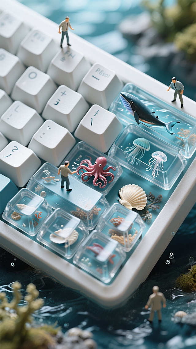 科技感键盘融入海洋元素，3D微缩艺术展现超现实清透美感。
