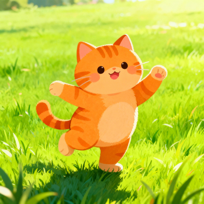 一只可爱的橘猫在绿油油的草地上跳舞，整体是可爱卡通风格，色彩明快鲜艳，小朋友会喜欢的治愈画风预览效果