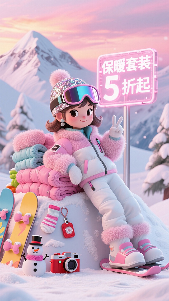 卡通女生穿粉白滑雪服，戴亮片滑雪帽和反光镜，侧身靠在堆成小山的羽绒服、滑雪袜旁，比出剪刀手。周围点缀彩色雪板、雪人挂件、红色相机、写有 “保暖套装 5 折起” 的霓虹标识牌，背景是粉白雪山与晚霞，粉白 + 银配色，俏皮潮流感拉满。