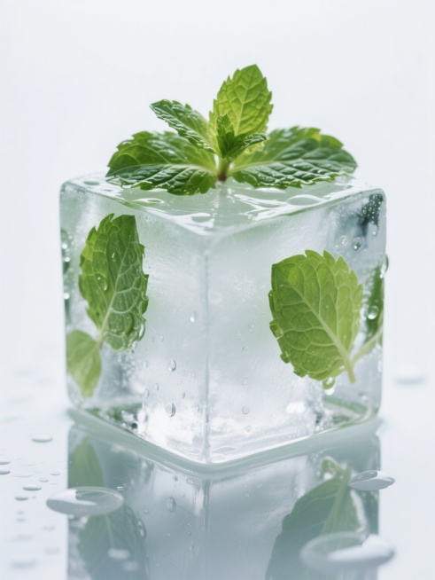 超写实摄影风格，一块棱角分明、晶莹剔透的立方体冰块，表面覆盖着几片新鲜翠绿的薄荷叶，部分叶片嵌入冰块边缘，水珠从冰面滑落形成镜面般的水渍，背景为纯白色，高光泽度的冰面反射出冷冽的光线，薄荷叶片纹理清晰可见，整体呈现出清凉、纯净的氛围，光影效果突出冰块的透明质感和薄荷的鲜活色彩。预览效果