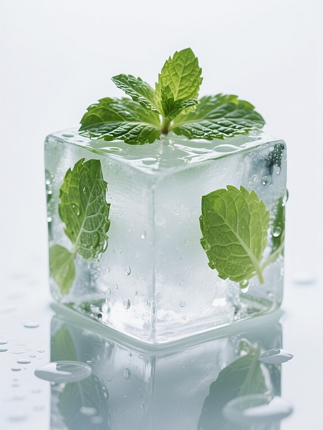 超写实摄影风格，一块棱角分明、晶莹剔透的立方体冰块，表面覆盖着几片新鲜翠绿的薄荷叶，部分叶片嵌入冰块边缘，水珠从冰面滑落形成镜面般的水渍，背景为纯白色，高光泽度的冰面反射出冷冽的光线，薄荷叶片纹理清晰可见，整体呈现出清凉、纯净的氛围，光影效果突出冰块的透明质感和薄荷的鲜活色彩。