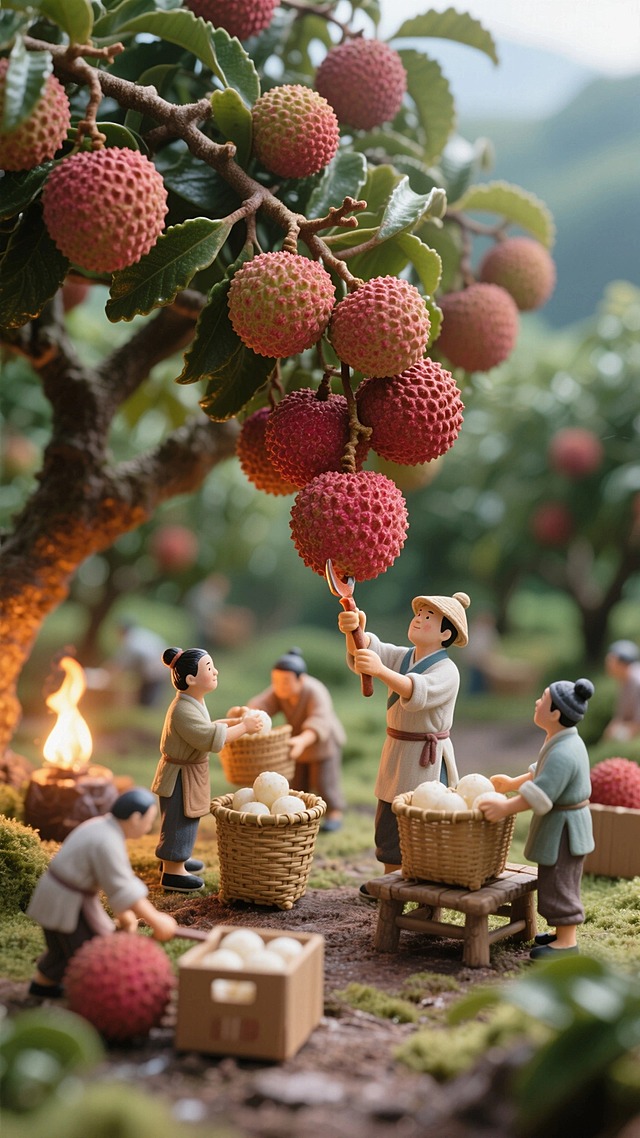 一个古代荔枝果园，巨大的荔枝和迷你的唐代果农，一些人微型工具小心翼翼地将荔枝剪下，一些人负责把荔枝放进竹筐内。一个团队负责搬运，另一边负责把荔枝摆放整齐荔枝装箱，温暖的火光色调凸显了质朴的质感。