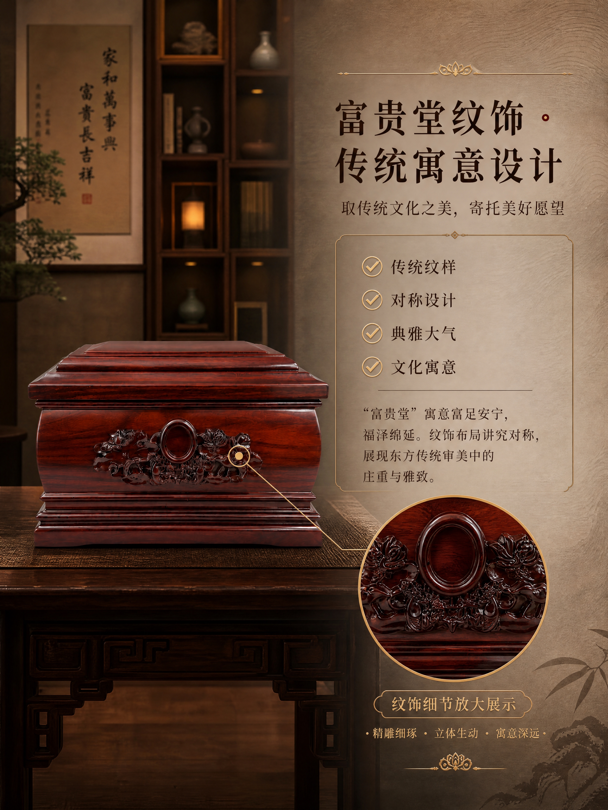 [商品] 使用【图2】富贵堂阔叶黄檀实木骨灰盒正面图；保留正面… - 图片创意预览