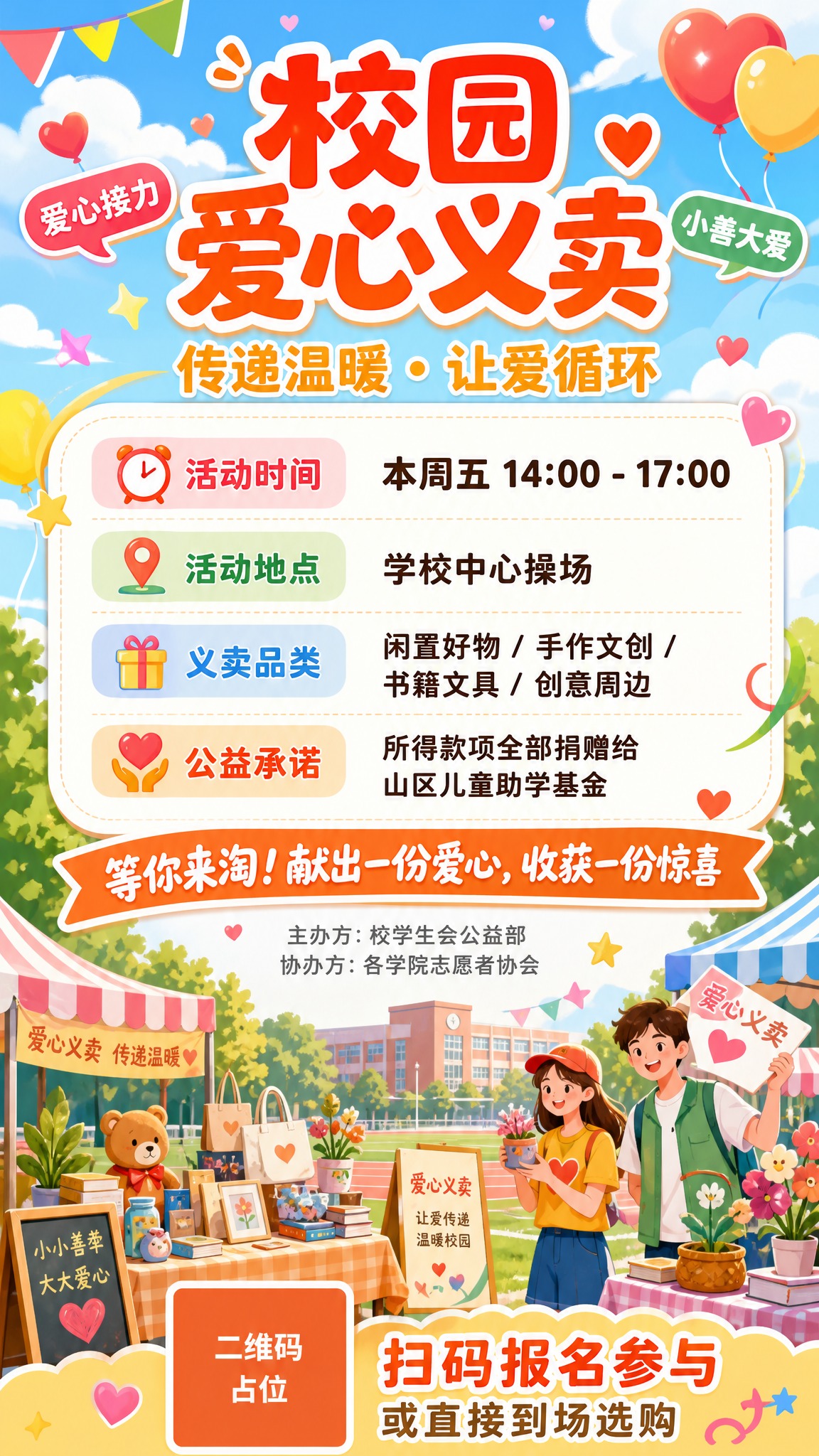 校园爱心义卖活动海报，扁平插画风格，青春活力校园风，温暖明亮色… - 图片创意预览