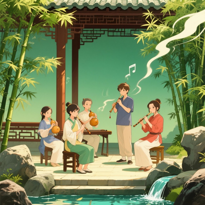 生成5张葫芦丝课程的插图，动画风不要老年人预览效果