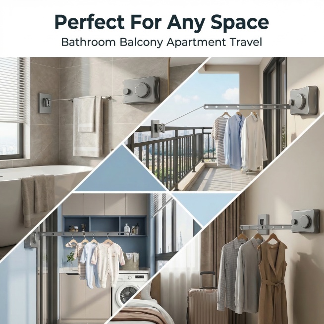 Product: Retractable Invisible Clothesline, feature page showing application scenario, keep the prod预览效果