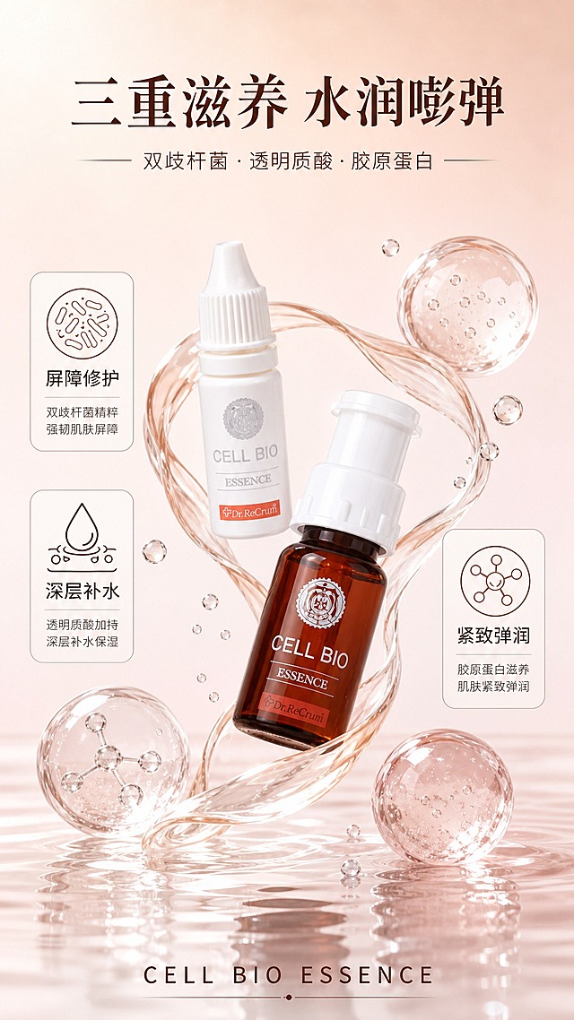 高端美妆精华海报，写实商业摄影风格，成分质地型母题。画面中央为CELL BIO棕色精华瓶与白色溶媒瓶，悬浮于清透的水波纹和精华液丝带之中，周围点缀水滴和半透明凝胶质地元素，表现水润滋养感。背景为浅米色到淡粉色的柔和渐变，干净清透。画面顶部大标题："三重滋养 水润嘭弹"，副标题："双歧杆菌·透明质酸·胶原蛋白"。画面左右两侧分布三个卖点图标卡片：左侧"屏障修护"配双歧杆菌图案，中间"深层补水"配水滴图案，右侧"紧致弹润"配胶原蛋白线条图案，图标简洁几何化。底部标注"CELL BIO ESSENCE"。整体光线柔和自然，顶部柔光+侧前方补光，瓶身玻璃质感通透，水面有柔和倒影。画面四周留足安全边距，排版精美，商品主体占比约55%，文字不遮挡产品主体。产品100%还原上传商品图的外形、包装、LOGO、印刷文字，完整保留原图中的瓶型、轮廓、结构、比例、瓶盖、标签版式、品牌logo、材质质感、颜色与正面朝向。画面中所有信息区域必须填充完整合理的内容，不得出现空白框或占位。画面中所有数字必须精确渲染，不得错位、遗漏或编造。