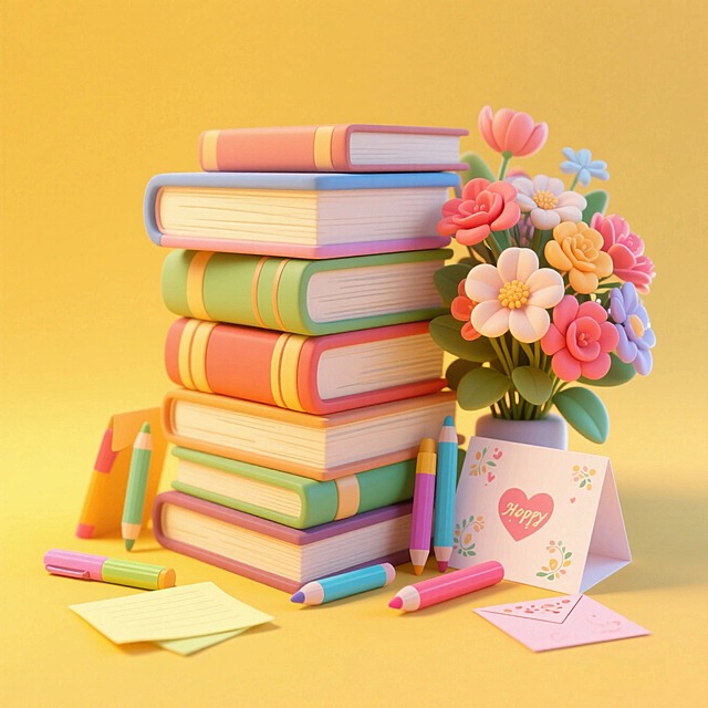 堆叠的书本，旁边散落文具和贺卡、一束鲜花。黄色渐变背景。