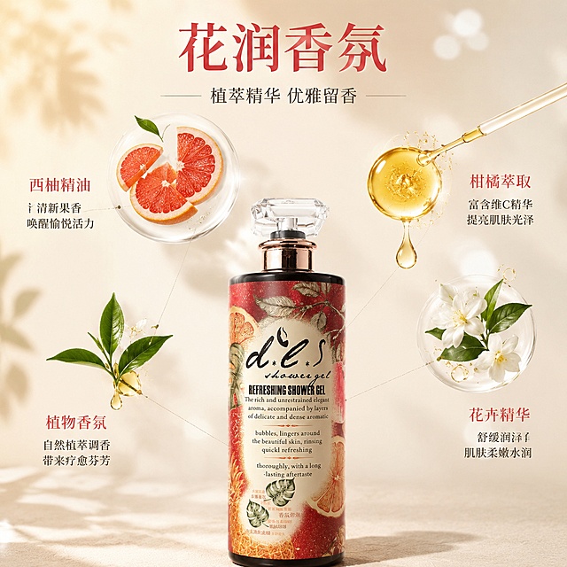 [主图-2] 核心成分与香氛解析 植萃精华展示
[氛围风格] 天然植萃 纯净高级 成分可视化 轻奢质感
[画质] 商业摄影质感 光线柔和通透 画面干净高级 超写实渲染
[元素] 迪来丝花润香氛净澈美肤沐浴露瓶身位于画面下方 保持产品外观与输入产品图一致 红色瓶身西柚柑橘图案 杜绝变形色差 商品主体占比约40% 画面上方和四周悬浮真实植物提取物与香氛成分元素 新鲜西柚果肉切片 柑橘果皮精油水滴 绿色叶片 金色香氛精油液滴 以极简细线连接到产品瓶身 标注对应功效 背景为浅米色渐变 带有柔和的光斑和植物剪影 整体氛围天然纯净
[光影] 顶部柔光主光 均匀照亮成分元素 植物与精油水滴有通透高光 瓶身受光均匀 底部有柔和投影 整体光线明亮通透 自然窗光效果
[配色] 主色调浅米色 西柚红 绿色 辅色金色精油点缀 清新自然又高级
[视角构图] 平视略偏俯视 产品在下方 成分元素在上部环绕 构图均衡 景深中等 背景柔和虚化
[文字版式] 画面上方居中主标题 花润香氛 粗体衬线大字 西柚红色 下方副标题 植萃精华 优雅留香 小号字体 画面中部成分元素旁配小字标签 西柚精油 柑橘萃取 植物香氛 字体精致 左对齐或右对齐分布在元素两侧 不遮挡产品
[输出要求] 1:1比例 文字清晰可辨 超高清商业摄影质感
[负向提示词] 变形 文字错乱 产品图模糊 背景杂乱 水印 电商平台Logo 多余手指 手部扭曲