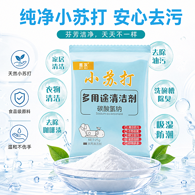 [主图-3] 核心成分细节展示，突出天然安全洁净力。
[氛围风格] 干净日用实景风，统一明亮通透风格；
[画质] 商业摄影质感、光线柔和通透、产品清晰真实、画面干净高级。
[元素] 产品包装放置在画面中上部，下方透明玻璃器皿中盛放洁白细腻的小苏打粉末，展示细腻纯净的质地。周围点缀透明气泡和水滴元素，突出洁净感。保持产品外观即物理结构、包装配色、文字信息与输入产品图绝对一致，杜绝任何变形和色差，精细化处理。商品主体占比合理，画面满屏无边框。
[光影] 侧逆光突出小苏打粉末细腻质感，整体光线明亮通透，层次感强。
[配色] 主色调白色+浅蓝，纯净干净，和首图风格配色统一。
[视角构图] 中心对称构图，平视视角，产品和粉末细节都清晰展示。
[文字版式] 左侧垂直排列卖点：天然小苏打 食品级原料 温和不伤手，每个卖点前搭配清洁图标，深色清晰文字，左侧文字不遮挡产品主体；顶部大字主文案"纯净小苏打 安心去污"，浅蓝粗体醒目。
[比例分辨率] 1:1 比例，4k分辨率，文字清晰可辨，超高清。
[负向提示词] 变形，水印，文字错乱，产品图模糊，背景杂乱，大面积冷科技蓝工业灰，文字遮挡主体