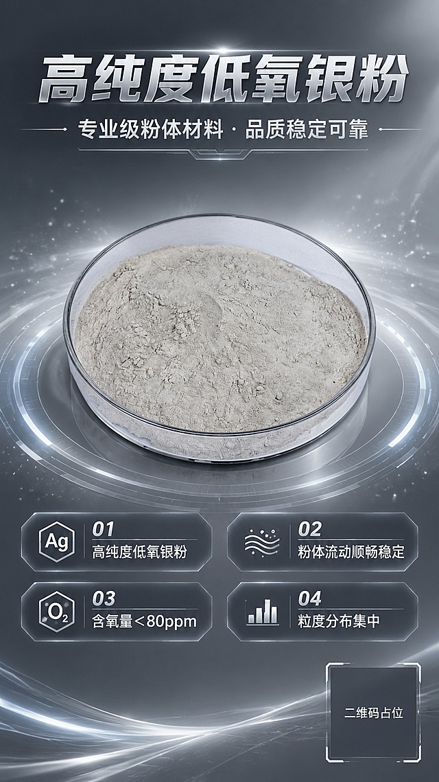 工业科技风银粉产品宣传海报，画面中央偏下位置展示玻璃培养皿中的银粉产品，银粉细腻均匀有金属光泽，产品100%还原上传商品图的外形、容器形态、粉体质感与颜色，以上传图为唯一商品主体来源。背景为深灰到银灰的渐变科技感背景，带有细微的粒子光点和几何线条装饰，营造专业精密的工业氛围。画面上方为大标题区域，主标题文字为"高纯度低氧银粉"，字体粗壮有力，银白色金属质感；副标题为"专业级粉体材料 · 品质稳定可靠"，字号较小，位于主标题下方。画面中下部产品周围分布四个核心卖点标签，采用科技感图标+文字的形式：01 "高纯度低氧银粉"、02 "粉体流动顺畅稳定"、03 "含氧量＜80ppm"、04 "粒度分布集中"，每个卖点配简洁的几何图标，标签为半透明深色底白字，排列整齐。右下角有一个二维码占位符区域，使用纯色方块呈现，方块中央标注"二维码占位"文字。整体版式精美，层次分明，专业严谨，高端工业质感，光影柔和，产品清晰突出，文字不遮挡主体，留白充足，9:16竖版构图。画面中所有数字必须精确渲染，不得出现错位、遗漏或编造的数字。画面中所有信息区域必须填充完整合理的内容，不得出现空白框或待填写区域。