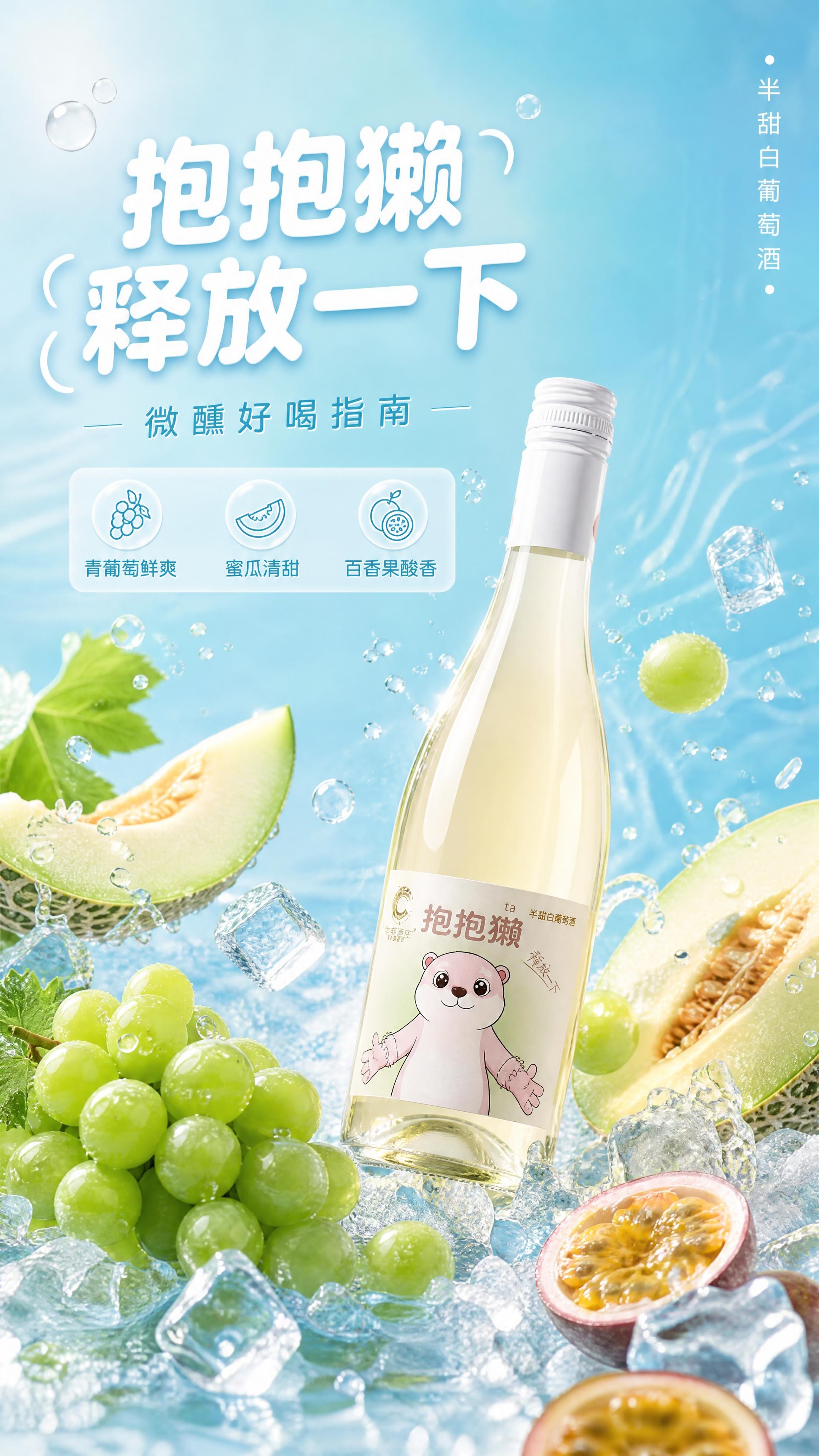 [商品] 使用【图1】抱抱獭半甜白葡萄酒瓶；保留透明玻璃瓶身、… - 图片创意预览